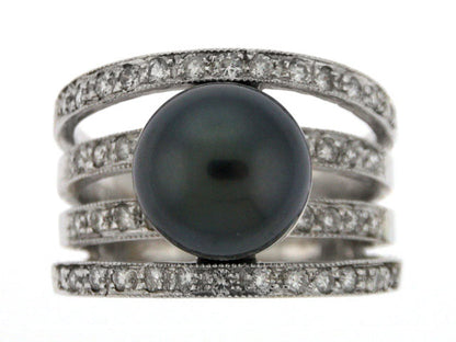 Black South Sea Pearl And Diamond Ring In 18k White Gold - (cloned)