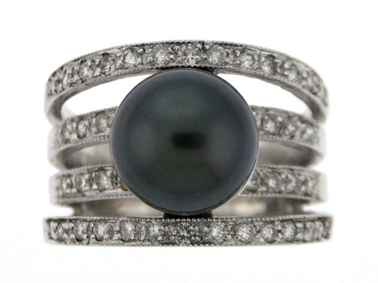 Black South Sea Pearl And Diamond Ring In 18k White Gold - (cloned)