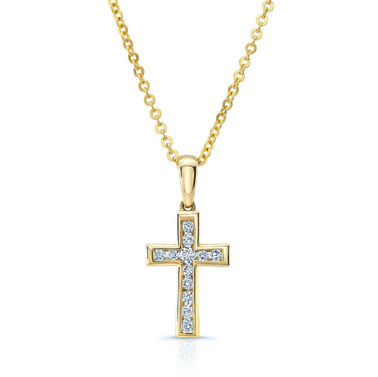 Diamond Channel-set Petite Cross Pendant In 14k Yellow Gold