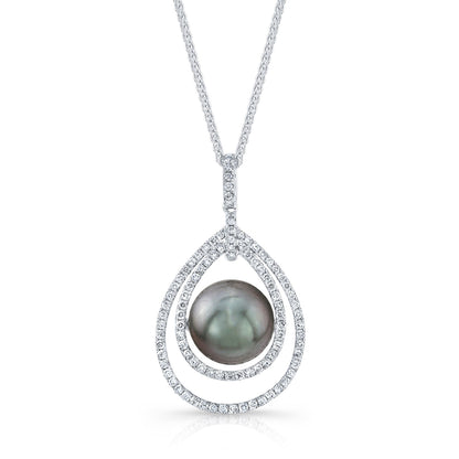 Black Tahitian Pearl & Diamond Pendant In 14k White Gold