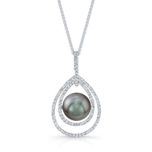 Black Tahitian Pearl & Diamond Pendant In 14k White Gold