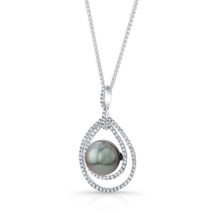 Black Tahitian Pearl & Diamond Pendant In 14k White Gold