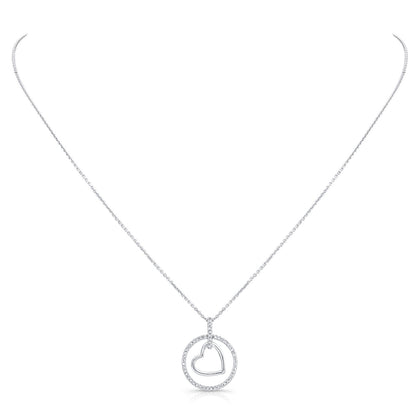 Diamond Heart In Circle Pendant In 14k White Gold