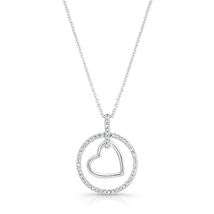 Diamond Heart In Circle Pendant In 14k White Gold