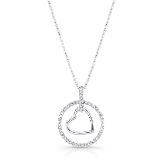 Diamond Heart In Circle Pendant In 14k White Gold