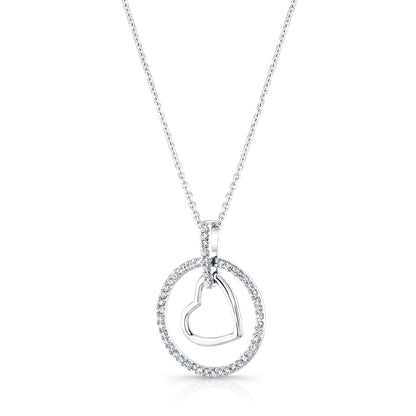 Diamond Heart In Circle Pendant In 14k White Gold