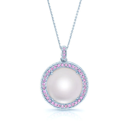 Amethyst Mother Of Pearl And Pink Sapphire Cabochon Pendant In 14k White Gold (17-in Curb Chain)