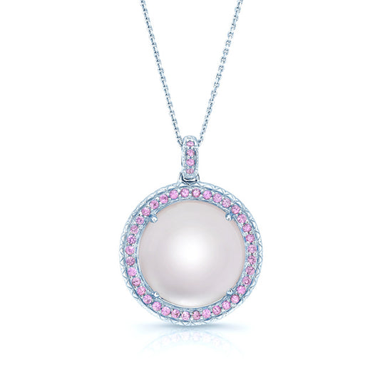 Amethyst Mother Of Pearl And Pink Sapphire Cabochon Pendant In 14k White Gold (17-in Curb Chain)