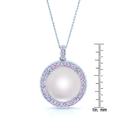 Amethyst Mother Of Pearl And Pink Sapphire Cabochon Pendant In 14k White Gold (17-in Curb Chain)