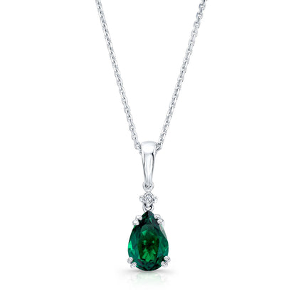Created Emerald And Diamond Teardrop Pendant In 14k White Gold (18-in Curb Chain)