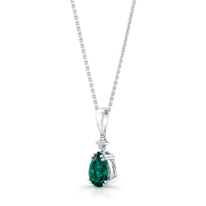 Created Emerald And Diamond Teardrop Pendant In 14k White Gold (17-in Curb Chain)
