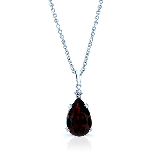 Garnet And Diamond Pendant In 14k White Gold On 18" Baby Curb Chain