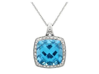 Blue Topaz And Diamond Checkerboard Cushion Halo Pendant In 14k White Gold (12mm Center)