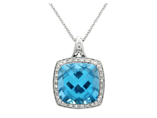 Blue Topaz And Diamond Checkerboard Cushion Halo Pendant In 14k White Gold (12mm Center)