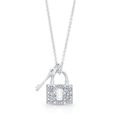 Diamond Lock And Key Pendant In 14k White Gold (18-in Curb Chain)