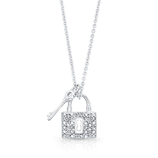 Diamond Lock And Key Pendant In 14k White Gold (18-in Curb Chain)