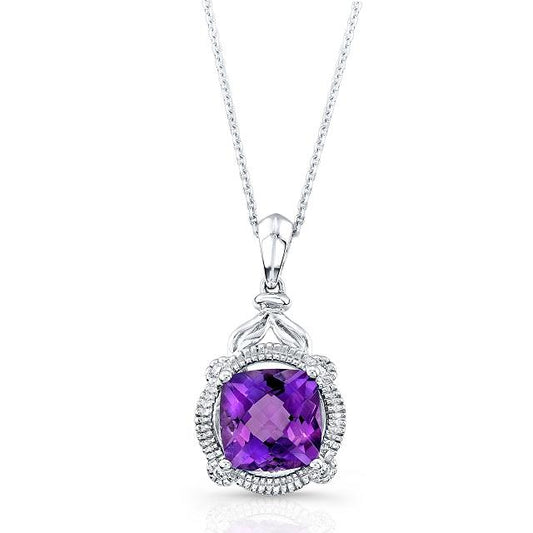 Amethyst And Diamond Cushion Leaf Pendant In 14k White Gold (18-in Curb Chain)