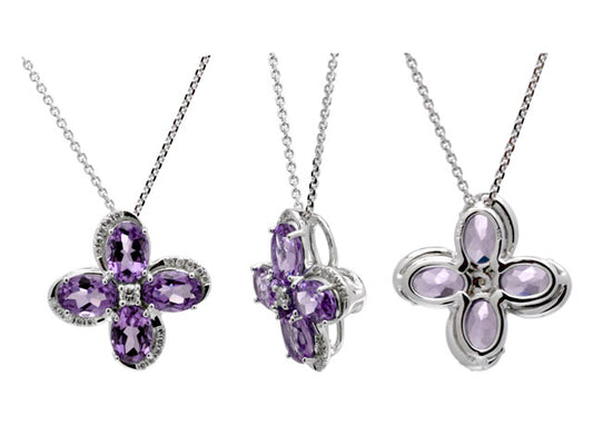 Amethyst And Diamond Floral Pendant In 14k White Gold