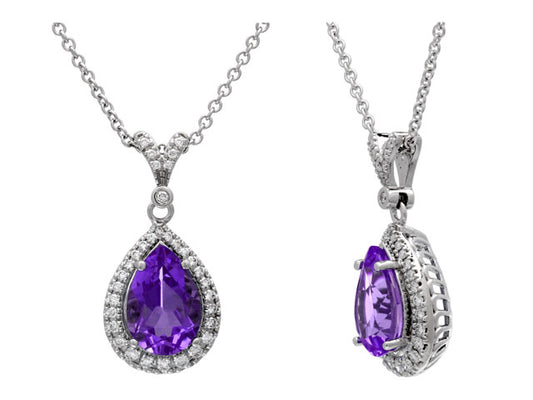 Amethyst And Diamond Pear-shape Halo Pendant With Split Bail In 14k White Gold