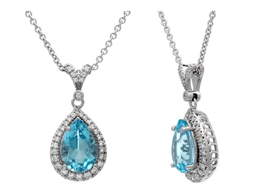 Blue Topaz And Diamond Pear-shape Halo Pendant With Split Bail In 14k White Gold