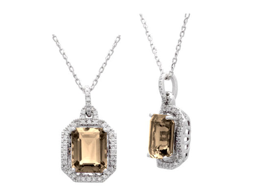 Citrine And Diamond Emerald Cut Halo Pendant With Cut Corners In 14k White Gold