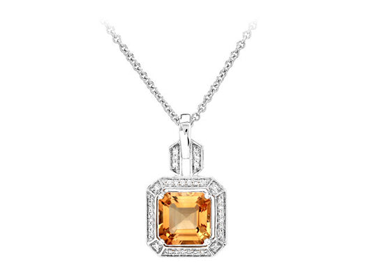 Citrine And Diamond Pendant In 14k White Gold (9mm)
