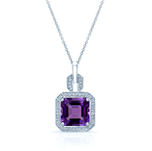 Amethyst And Diamond Pendant In 14k White Gold (9mm)