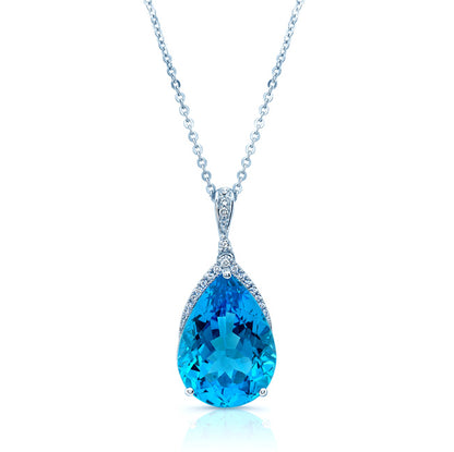 Blue Topaz Teardrop Pendant With Diamond Crest In 14k White Gold (18x13mm Center)