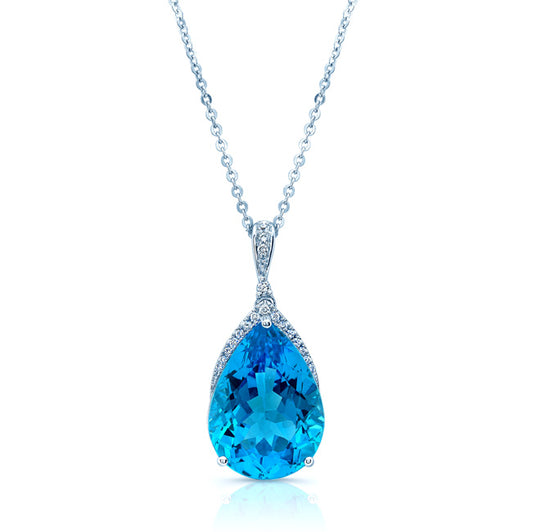 Blue Topaz Teardrop Pendant With Diamond Crest In 14k White Gold (18x13mm Center)