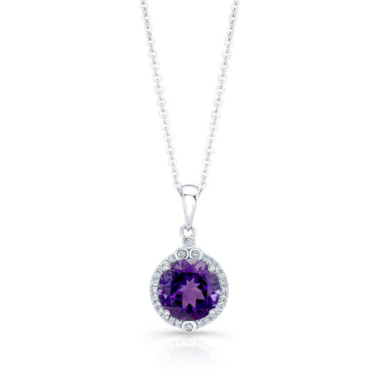 Amethyst And Diamond Round Halo Pendant With Bezel Accent In 14k White Gold