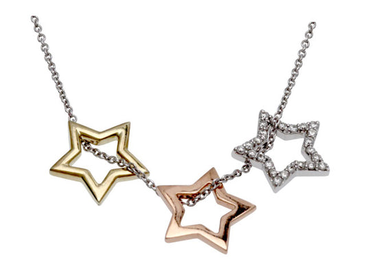Diamond 3 Star Pendant In 14k Three Tone Gold (18-in Curb Chain)