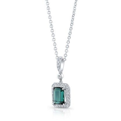 Green Tourmaline And Diamond Emerald Cut Halo Dangle Pendant In 14k White Gold (8x6mm Center)