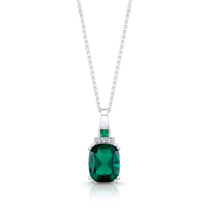 Created Emerald And Diamond Cushion Drop Pendant 14k White Gold (18-in Curb Chain)