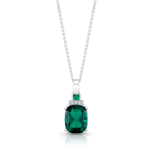 Created Emerald And Diamond Cushion Drop Pendant 14k White Gold (18-in Curb Chain)