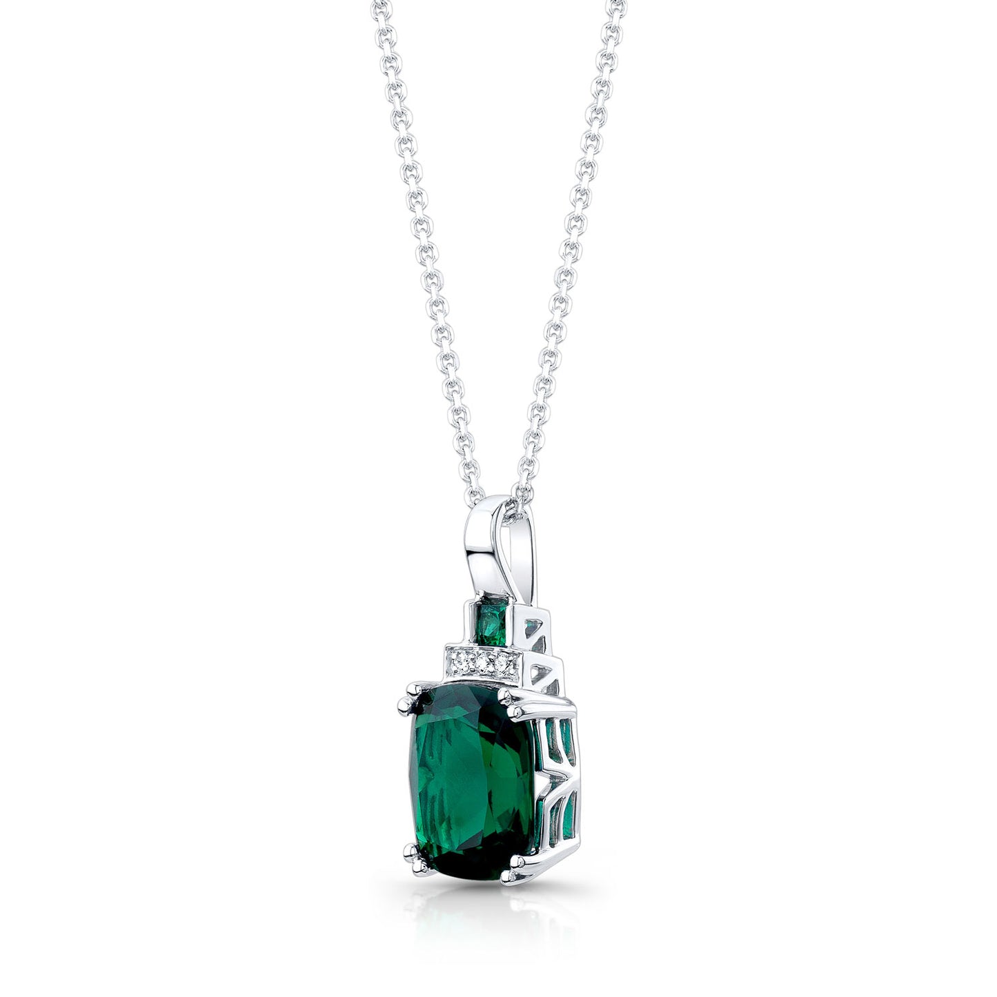 Created Emerald And Diamond Cushion Drop Pendant 14k White Gold (18-in Curb Chain)