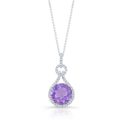 Amethyst And Diamond Pendant In 14k White Gold (10mm)