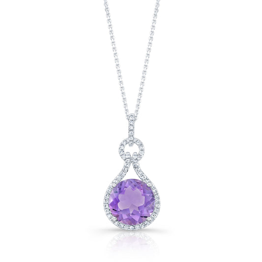 Amethyst And Diamond Pendant In 14k White Gold (10mm)
