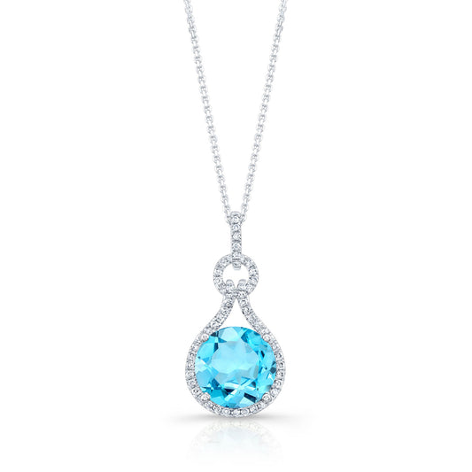 Blue Topaz And Diamond Doorknocker Pendant In 14k White Gold (10mm Round Center)