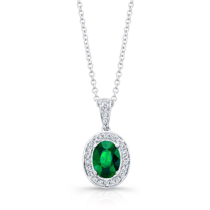 Created Emerald And Diamond Oval Halo Dangle Pendant In 14k White Gold 18-in Chain