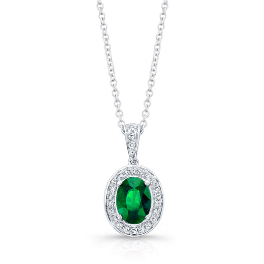 Created Emerald And Diamond Oval Halo Dangle Pendant In 14k White Gold 18-in Chain