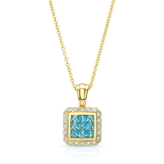 Blue Topaz And Diamond Invisible Set Cube Pendant In 14k Yellow Gold (17-in Rolo Chain)