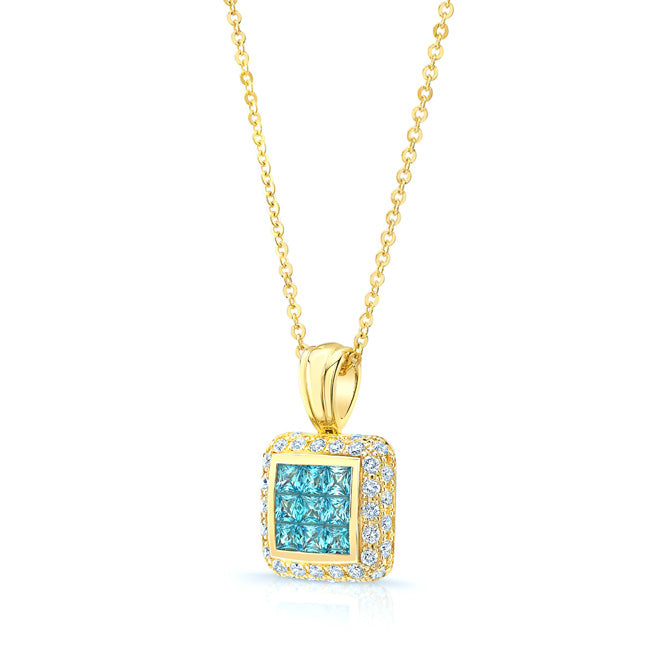 Blue Topaz And Diamond Invisible Set Cube Pendant In 14k Yellow Gold (17-in Rolo Chain)