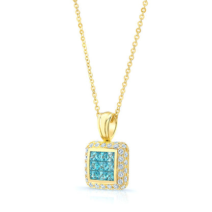 Blue Topaz And Diamond Invisible Set Cube Pendant In 14k Yellow Gold (17-in Rolo Chain)