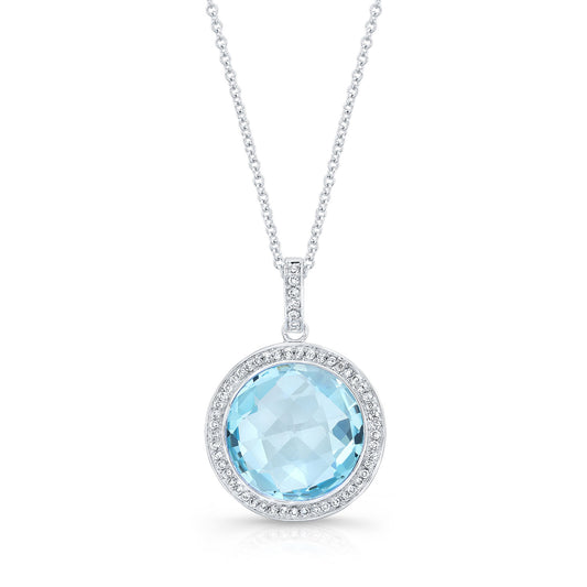 Blue Topaz And Diamond Round Checkerboard Halo Pendant In 14k White Gold
