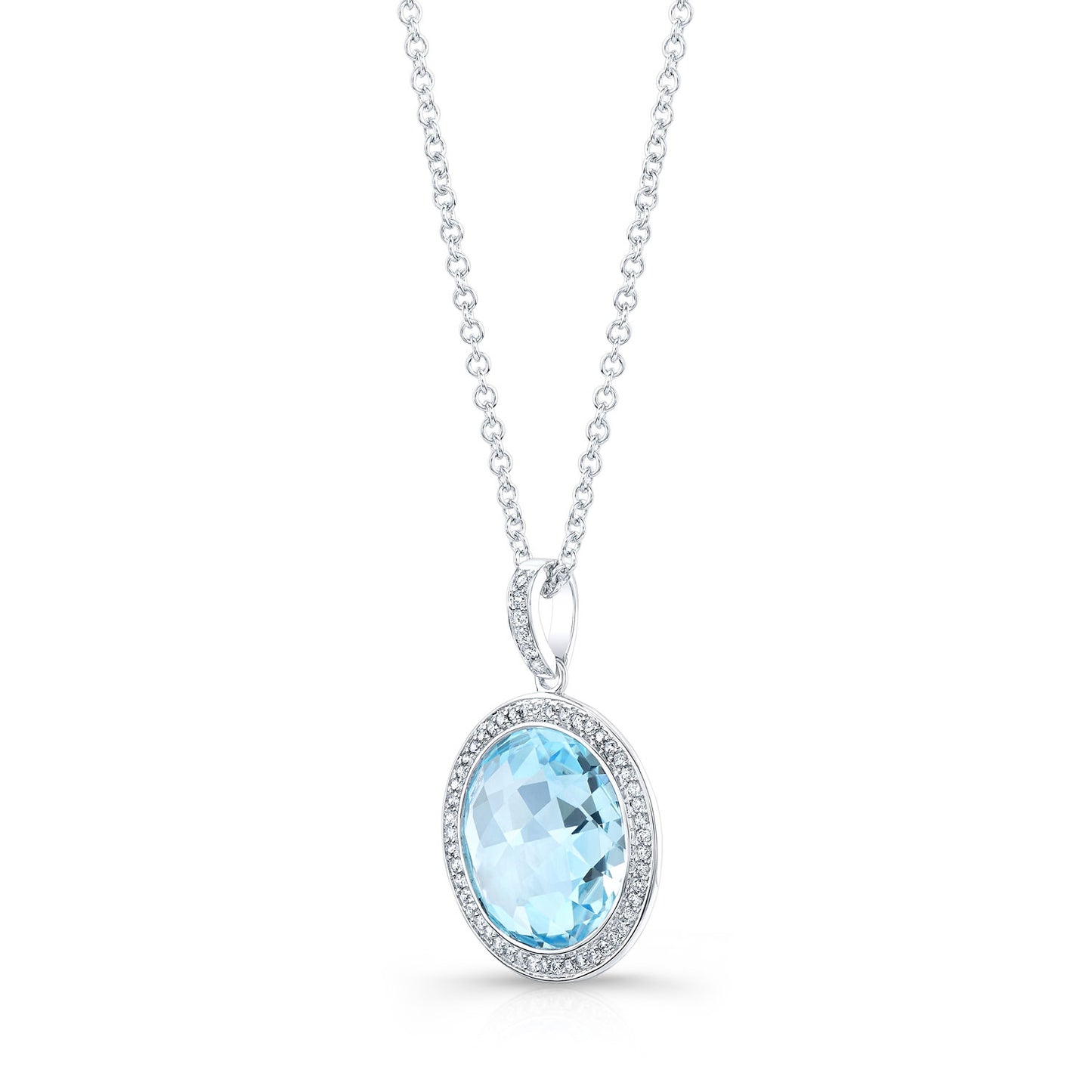 Blue Topaz And Diamond Round Checkerboard Halo Pendant In 14k White Gold
