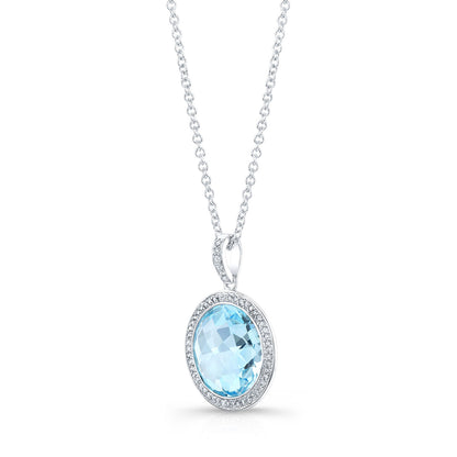 Blue Topaz And Diamond Round Checkerboard Halo Pendant In 14k White Gold