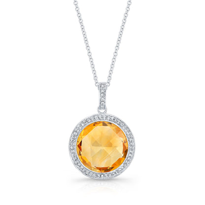 Citrine And Diamond Round Checkerboard Halo Pendant In 14k White Gold (si)