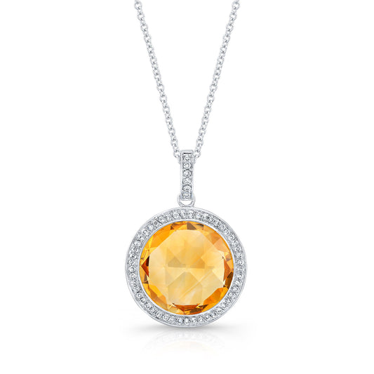 Citrine And Diamond Round Checkerboard Halo Pendant In 14k White Gold (si)