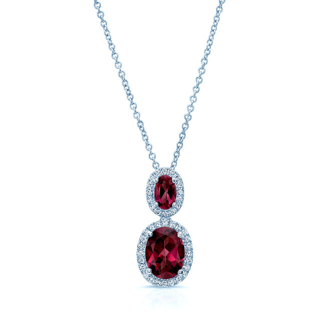 Pink Tourmaline, Rhodolite Garnet And Diamond Oval Stacked Halo Pendant In 14k White Gold