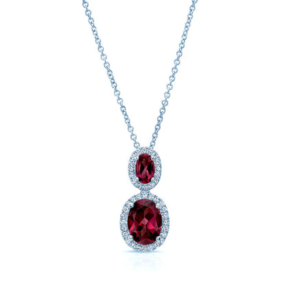 Pink Tourmaline, Rhodolite Garnet And Diamond Oval Stacked Halo Pendant In 14k White Gold